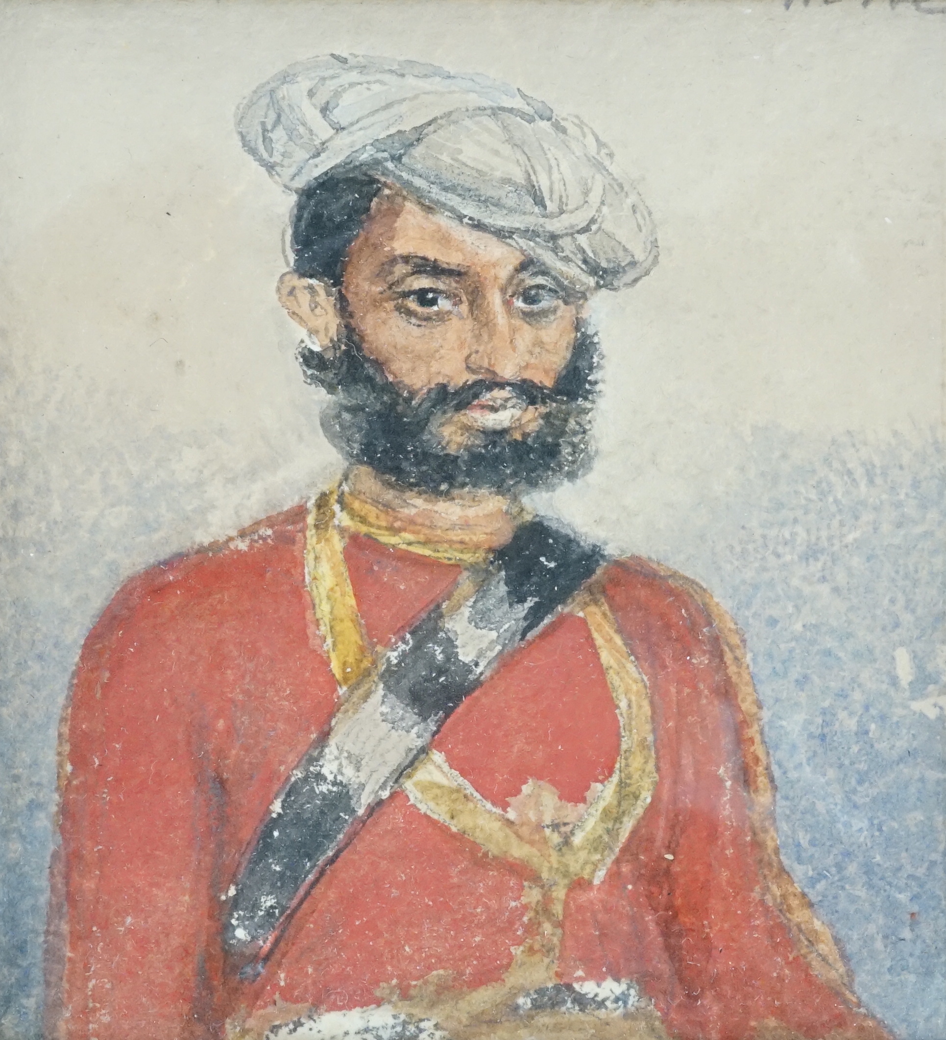 Anglo Indian School c.1850 , Portrait miniature of an Indian Officer of the South Mahratta Irregular Horse, c.1849, watercolour on paper, 10.25 x 8cm.